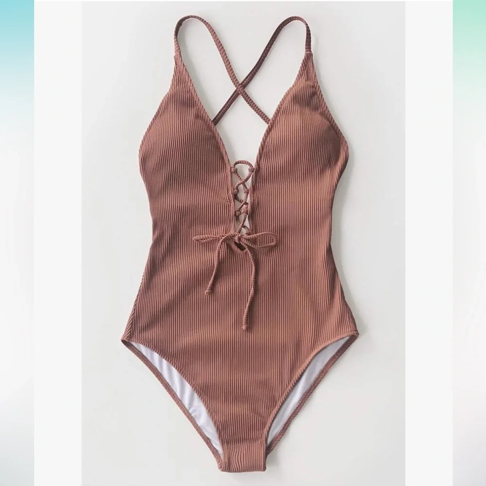 CUPSHE Solid Color V Neck Lace Up One Piece Swimsuit Size XS - Picture 3 of 10